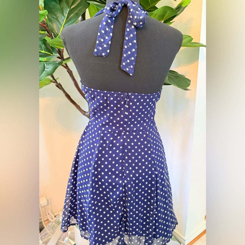 Chic Blue Polka Dot Halter Mini Dress, Sun Dress - Picture 3 of 11
